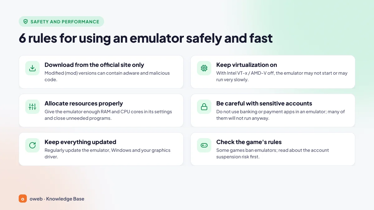 Android emulator security and performance checklist: official download, updates, sensitive accounts and resource settings
