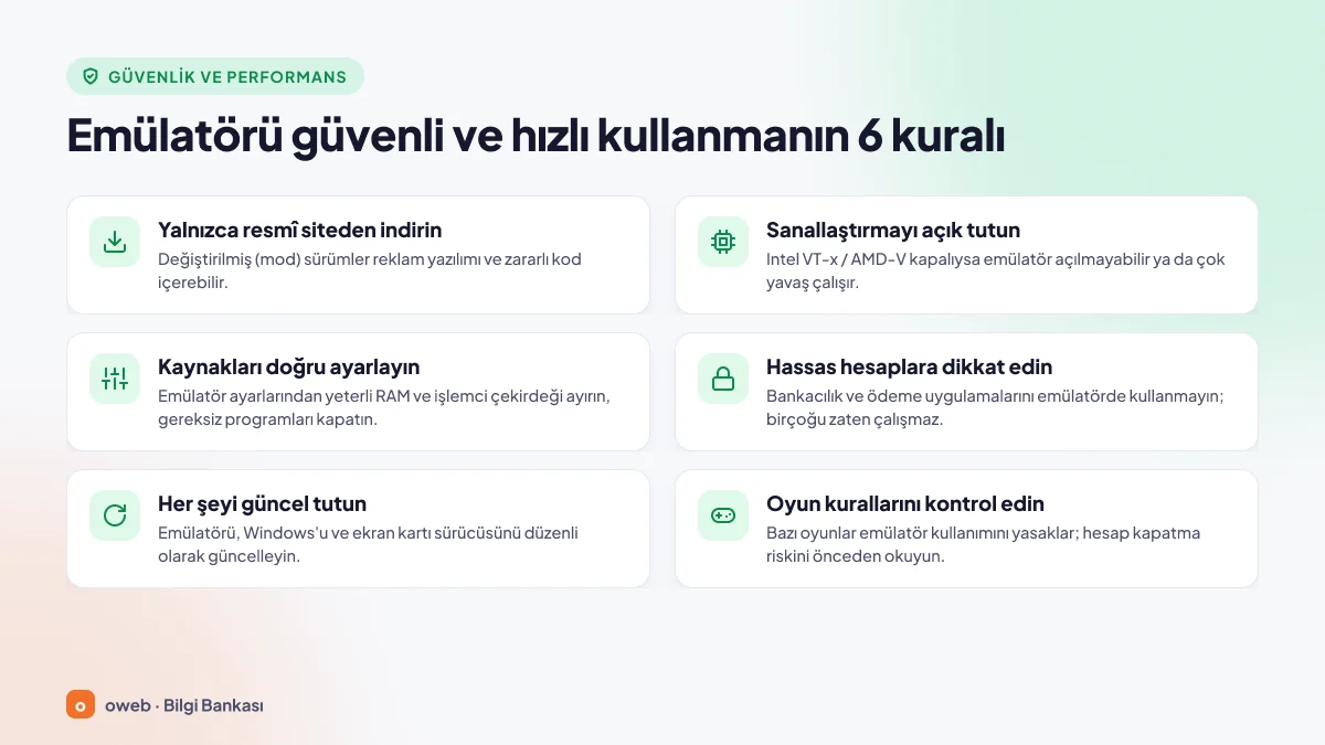 Android emülatör güvenlik ve performans kontrol listesi: resmi indirme, güncelleme, hassas hesaplar ve kaynak ayarları