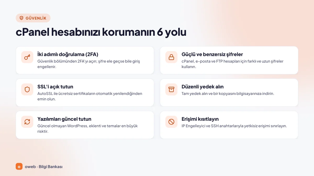 cPanel güvenliği için altı kural: iki adımlı doğrulama, güçlü ve benzersiz şifreler, AutoSSL ile açık SSL, düzenli yedek, güncel yazılımlar ve IP engelleyici ile SSH anahtarıyla erişim kısıtlama
