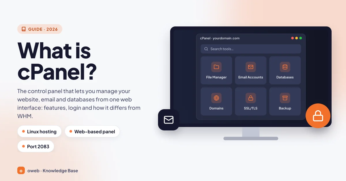 Illustration of a cPanel-style control panel home screen: file, email, database, domain, SSL/TLS and backup tools; Linux hosting, web-based panel, Port 2083