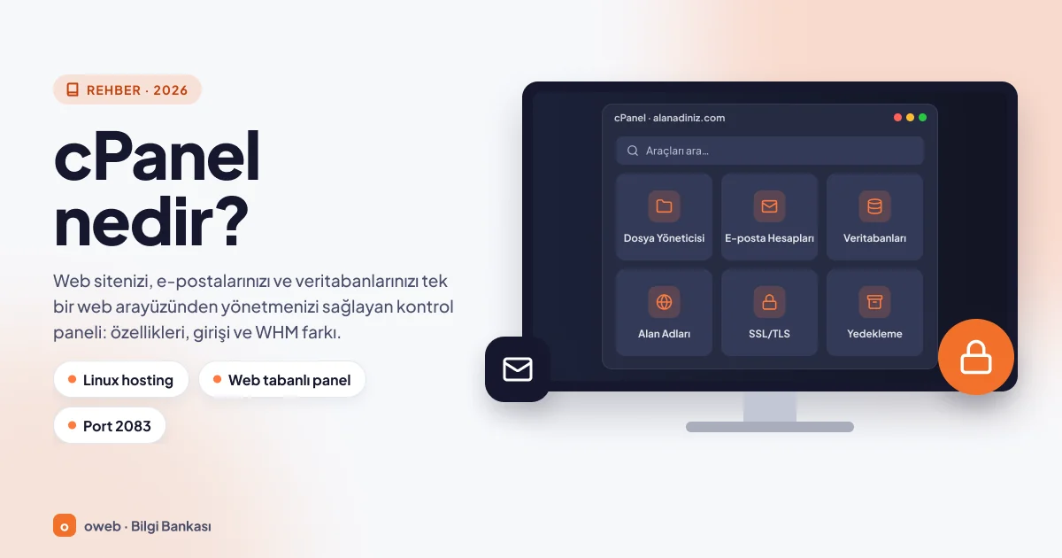 cPanel benzeri kontrol paneli ana ekranı çizimi: dosya, e-posta, veritabanı, alan adı, SSL/TLS ve yedekleme araçları; Linux hosting, web tabanlı panel, Port 2083