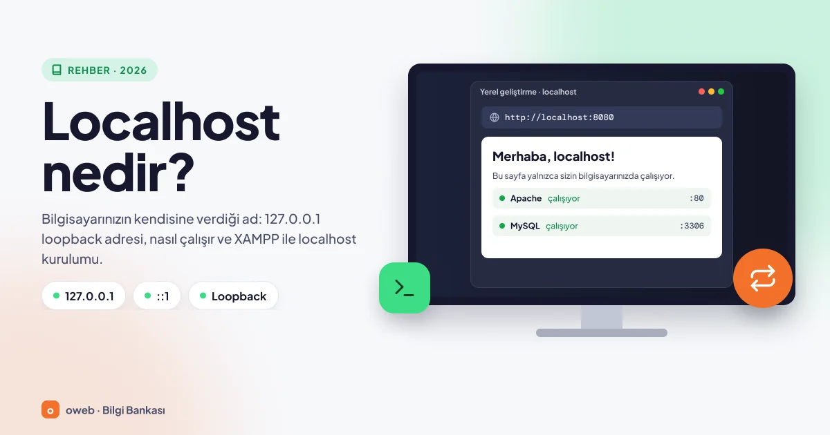 Tarayıcısında http://localhost açık olan bir bilgisayar ve isteğin aynı bilgisayara geri döndüğünü gösteren döngü oku; 127.0.0.1, ::1 ve Loopback etiketleri