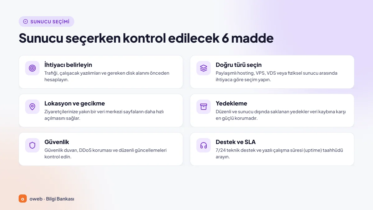 Sunucu seçerken kontrol listesi: ihtiyacı belirleyin, doğru türü seçin, lokasyon ve gecikme, yedekleme, güvenlik (güvenlik duvarı, DDoS, güncellemeler), destek ve SLA