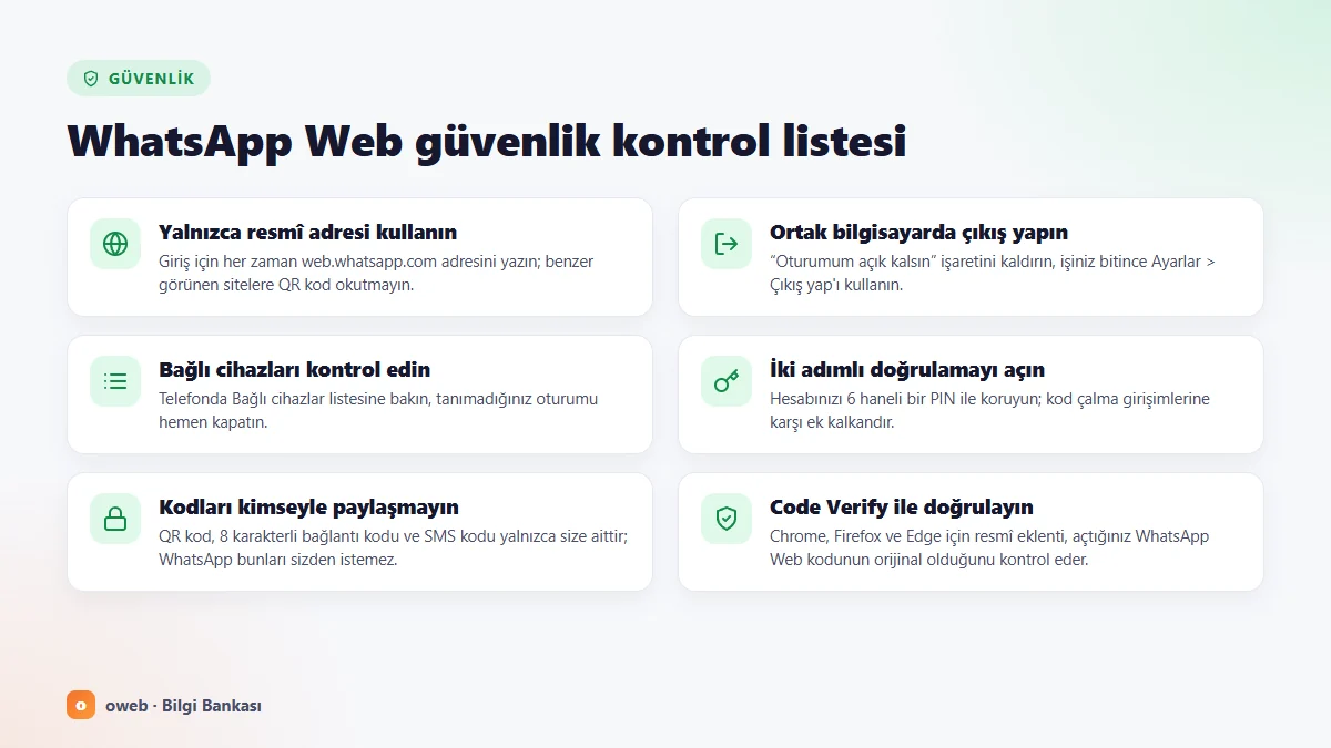 WhatsApp Web güvenlik kontrol listesi: resmi adres, bağlı cihaz kontrolü, iki adımlı doğrulama ve uygulama kilidi